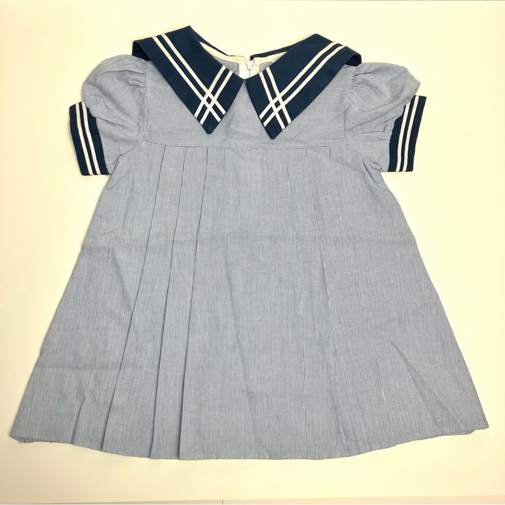 Vintage Dress (4T) Pleats Puff Sleeves Sailor Striped Collar Cuffs Made in USA